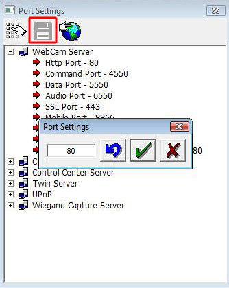 In the dialog that appears, change the port number to 81 or 88 and then click the green check box and finally click on the disk icon to save your changes: