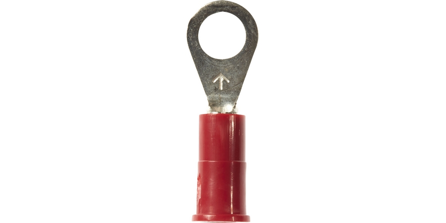 Ring Terminal, Brazed Seam Barrel, 600/1000 Volt, 0.93" Length x 0.31" Width x 0.03" Thk, 16 to 14 AWG Conductor, #10 Stud, Electrolytic Copper, Red Vinyl Insulated