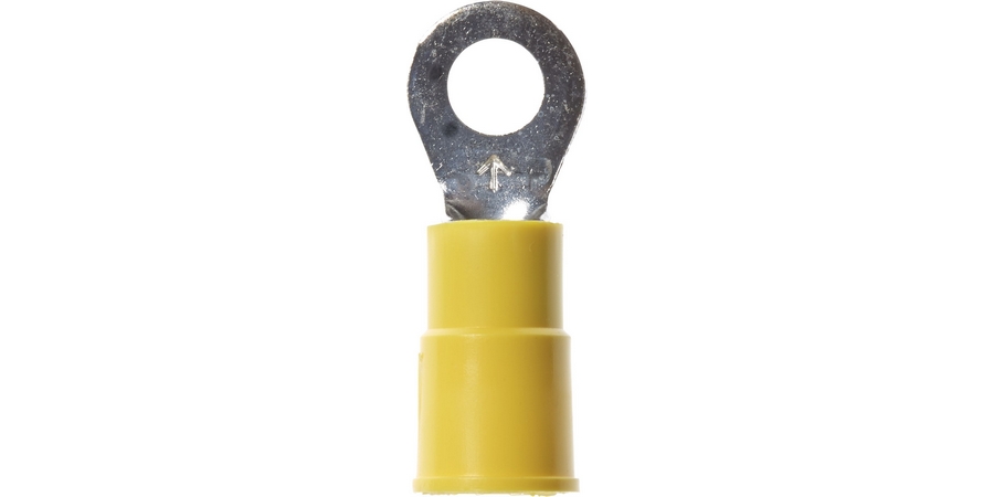 Ring Terminal, Brazed Seam Barrel, 600/1000 Volt, 1.03" Length x 0.38" Width x 0.04" Thk, 12 to 10 AWG Conductor, #10 Stud, Electrolytic Copper, Yellow Vinyl Insulated