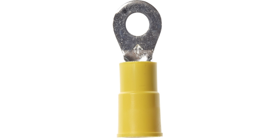 Ring Terminal, Brazed Seam Barrel, 600/1000 Volt, 1.03" Length x 0.38" Width x 0.04" Thk, 12 to 10 AWG Conductor, #8 Stud, Electrolytic Copper, Yellow Vinyl Insulated