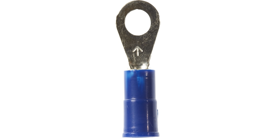 Ring Terminal, Brazed Seam Barrel, 600/1000 Volt, 0.93" Length x 0.31" Width x 0.03" Thk, 16 to 14 AWG Conductor, #8 Stud, Electrolytic Copper, Blue Vinyl Insulated