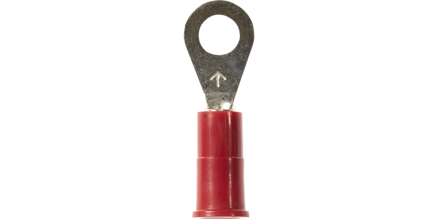 Ring Terminal, Brazed Seam Barrel, 600/1000 Volt, 0.93" Length x 0.31" Width x 0.03" Thk, 22 to 18 AWG Conductor, #8 Stud, Electrolytic Copper, Red Vinyl Insulated