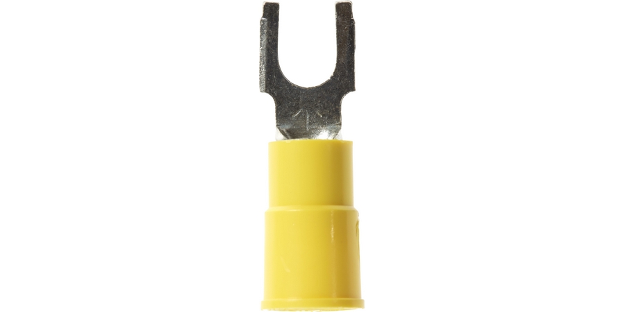 Fork Terminal, Butted Seam Barrel, 600/1000 Volt, 1.03" Length x 0.32" Width x 0.135" Thk, 12 to 10 AWG Conductor, #8 Stud, Electrolytic Copper, Yellow Vinyl Insulated