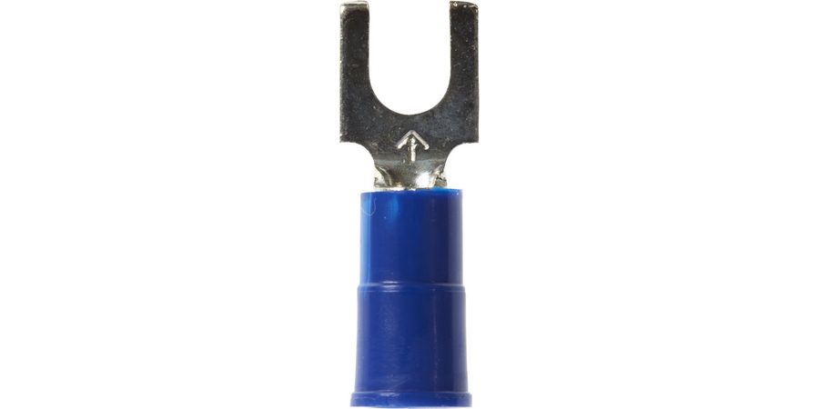 Fork Terminal, Butted Seam Barrel, 600/1000 Volt, 0.85" Length x 0.3" Width x 0.03" Thk, 22 to 18 AWG Conductor, #10 Stud, Electrolytic Copper, Red Vinyl Insulated