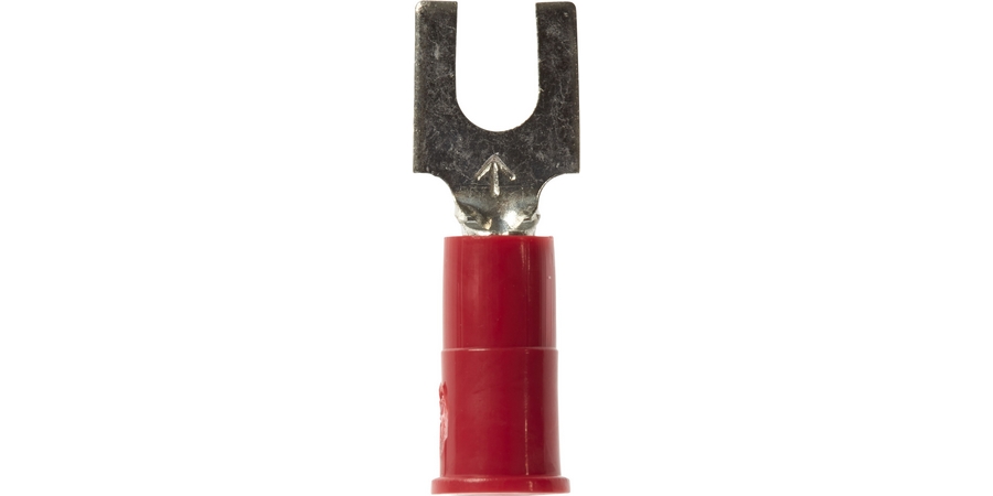 Fork Terminal, Butted Seam Barrel, 600/1000 Volt, 0.85" Length x 0.3" Width x 0.03" Thk, 22 to 18 AWG Conductor, #8 Stud, Electrolytic Copper, Red Vinyl Insulated