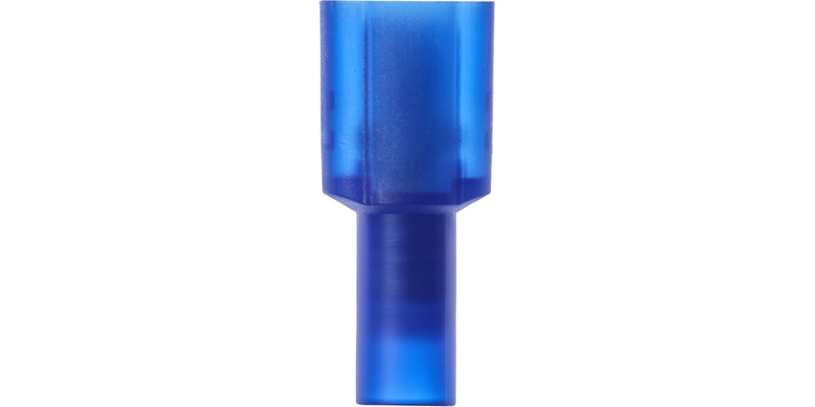 Disconnect Terminal, Male, Butted Seam Barrel, 600/1000 Volt, 0.95" Length x 0.25" Width x 0.032" Thk, 16 to 14 AWG Conductor, Electrolytic Copper, Blue Nylon Insulated