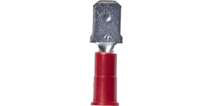 Disconnect Terminal, Male, Butted Seam Barrel, 600/1000 Volt, 1.05" Length x 0.25" Width x 0.032" Thk, 22 to 18 AWG Conductor, Electrolytic Copper, Red Vinyl Insulated