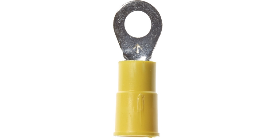 Ring Terminal, Butted Seam Barrel, 600/1000 Volt, 1.26" Length x 0.53" Width x 0.04" Thk, 12 to 10 AWG Conductor, 1/4" Stud, Electrolytic Copper, Yellow Vinyl Insulated
