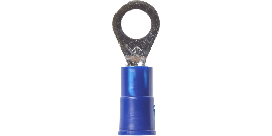 Ring Terminal, Butted Seam Barrel, 600/1000 Volt, 0.9" Length x 0.33" Width x 0.03" Thk, 16 to 14 AWG Conductor, #10 Stud, Electrolytic Copper, Blue Vinyl Insulated