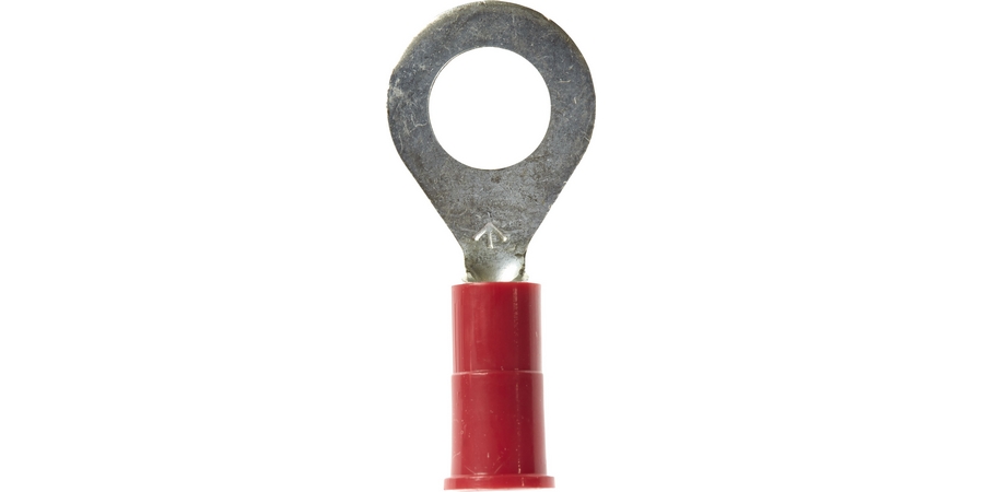 Ring Terminal, Butted Seam Barrel, 600/1000 Volt, 0.8" Length x 0.25" Width x 0.03" Thk, 22 to 18 AWG Conductor, #6 Stud, Electrolytic Copper, Red Vinyl Insulated