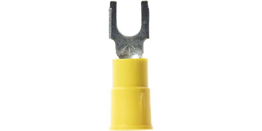 Fork Terminal, Brazed Seam Barrel, 600/1000 Volt, 1.03" Length x 0.32" Width x 0.04" Thk, 12 to 10 AWG Conductor, #10 Stud, Electrolytic Copper, Yellow Vinyl Insulated