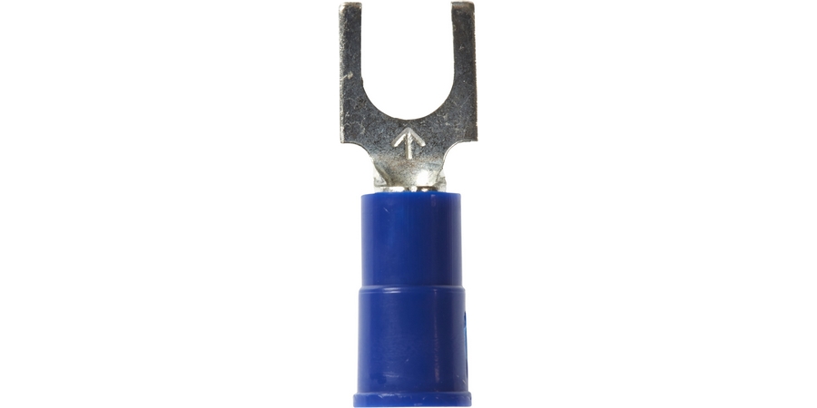 Fork Terminal, Brazed Seam Barrel, 600/1000 Volt, 0.85" Length x 0.3" Width x 0.03" Thk, 16 to 14 AWG Conductor, #10 Stud, Electrolytic Copper, Blue Vinyl Insulated