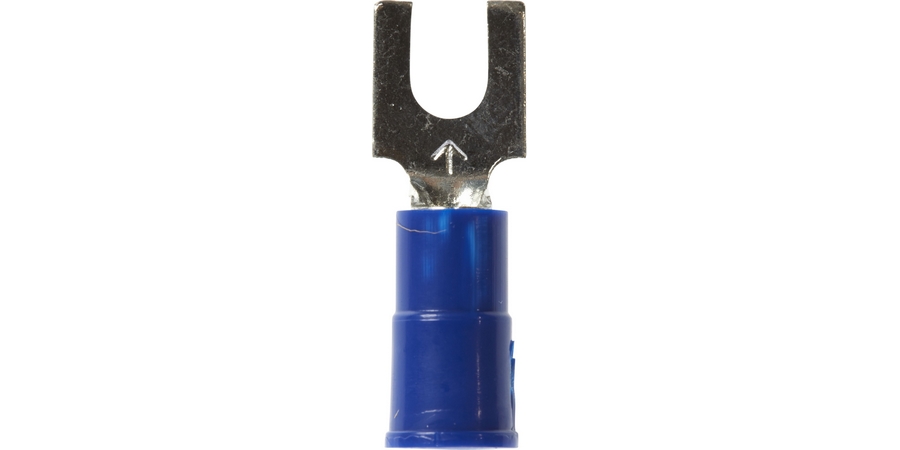 Fork Terminal, Brazed Seam Barrel, 600/1000 Volt, 0.85" Length x 0.3" Width x 0.03" Thk, 16 to 14 AWG Conductor, #6 Stud, Electrolytic Copper, Blue Vinyl Insulated