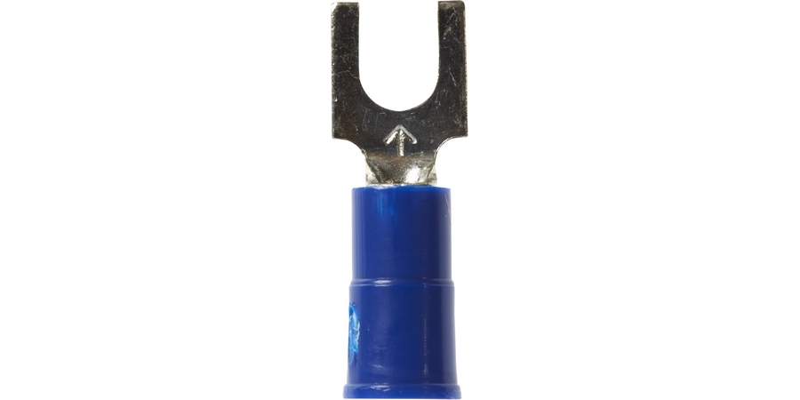 Fork Terminal, Brazed Seam Barrel, 600/1000 Volt, 0.85" Length x 0.3" Width x 0.03" Thk, 16 to 14 AWG Conductor, #8 Stud, Electrolytic Copper, Blue Vinyl Insulated