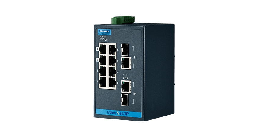 8-port 10/100Mbps + 2-port GbE Combo (SFP or Copper) EtherNet/IP Managed Ethernet Switch, -40 to 75C