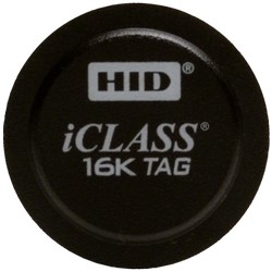 iCLASS Tag, 32k Bits (4kB) App Areas 16k/2+16k/1, Prog w/ iCLASS Access Control Application, Front: Black w/ HID Std Artwork, Back: Adhesive, Seq Match Encoded/Print