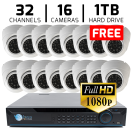 32 CH DVR with 16 HD 1080p Dome Cameras DVR Kit for Business Professional Grade + FREE 1TB Hard Drive