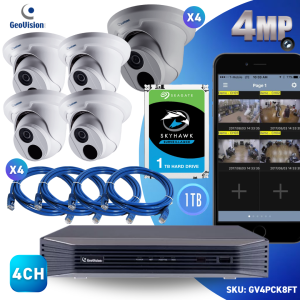 4CH 4 PoE NVR & AI 8MP H.265 Super Low Lux WDR Pro IR Eyeball IP Dome Kit