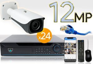 24 CH NVR with 24 4K 12MP Bullet Cameras 4K Kit for Business Professional Grade FREE 1TB Hard Dri...