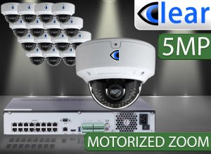 32 CH NVR with (16) IPX12 5 Megapixel, 3.6-10mm Motorized Lens, 30m IR, H.265, CVBS (BNC) Optional, Network IP Dome Camera