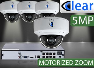 8 CH NVR with (4) IPX12 5 Megapixel, 3.6-10mm Motorized Lens, 30m IR, H.265, CVBS (BNC) Optional, Network IP Dome Camera