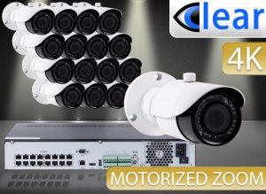 32 CH NVR with (16) 4K IPX8 8 Megapixel, 3.3-12mm Motorized Lens, 30m IR, H.265, CVBS (BNC) Optional, Network IP Bullet Camera 