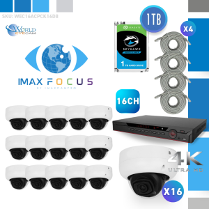 16 Channel 12MP+, 2X SATA Ports NVR & (16) 8MP IPC Dome 2.8mm Fixed Security Camera Kit