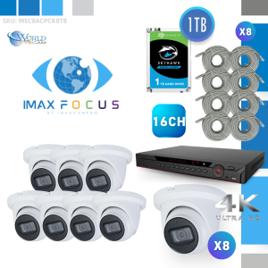 16 Channel 12MP+, 2X SATA Ports NVR & (8) 8MP IPC Turret 2.8mm Fixed Security Camera Kit