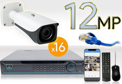 16 CH NVR with 16 4K 12MP Bullet Cameras 4K Kit for Business Professional Grade FREE 1TB Hard Dri...