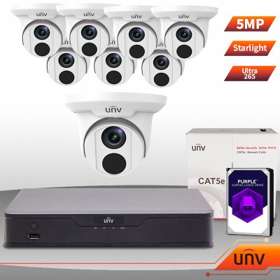 UNV Uniview 8 Ch NVR & (8) 5MP Megapixel Starlight IR Turret Dome Kit Professional Grade