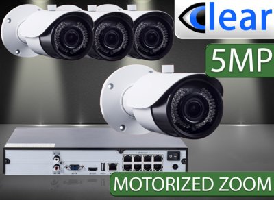 8 CH NVR with (4) IPX11 5 Megapixel, 3.6-10mm Motorized Lens, 30m IR, H.265, CVBS (BNC) Optional,...